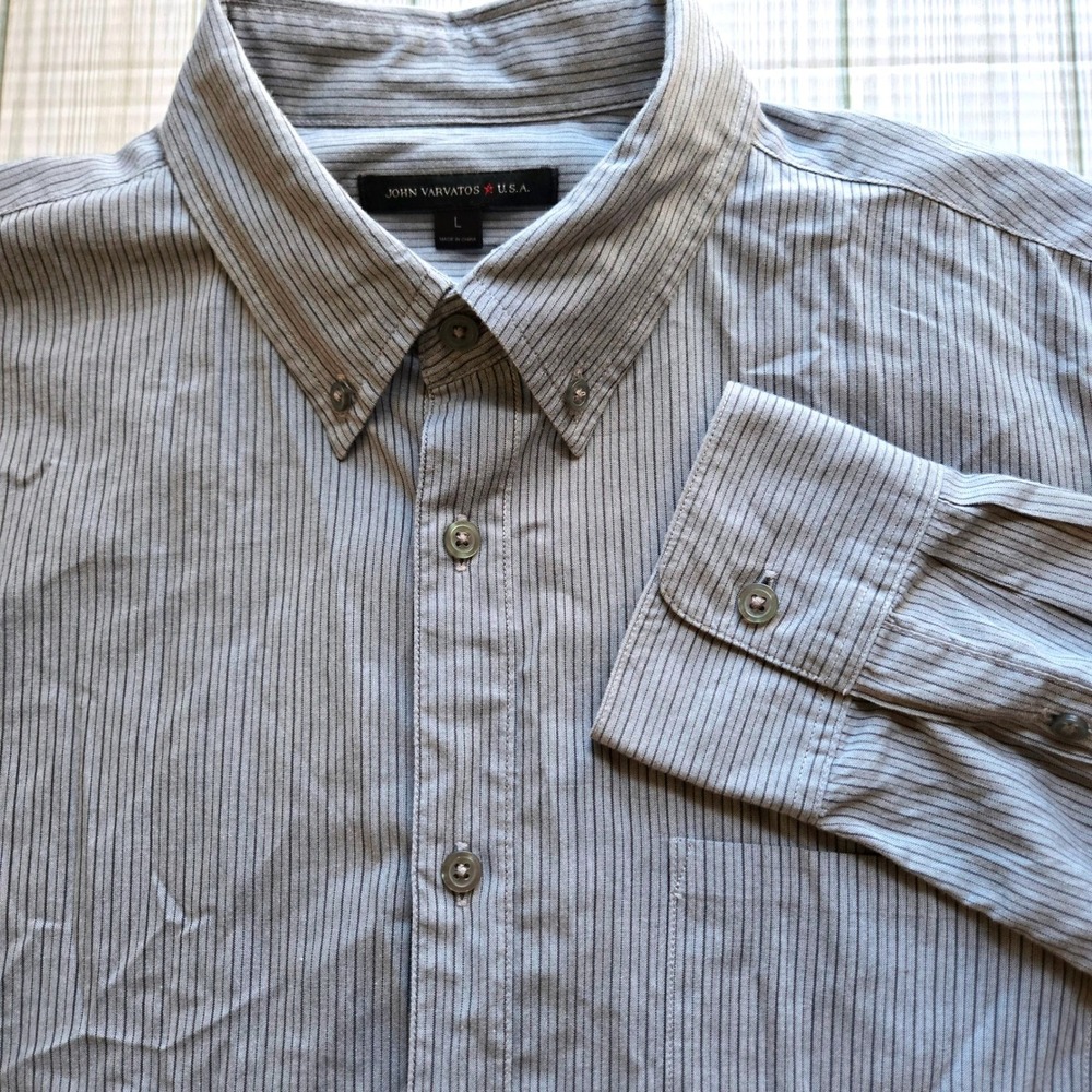 John Varvatos USA Mens Large Gray Striped Button Down Shirt Long‎ Sleeve